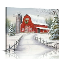 JRXY Red Barn Canvas Wall Art: Christmas Rustic Red Barn Bathroom Decor Winter Old Barn Pictures Barn Wall Art Framed for Farmhouse Bedroom 20x16in