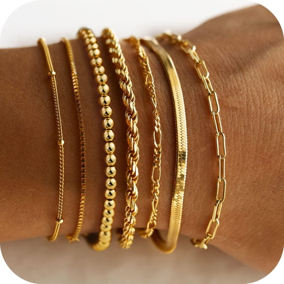 Turandoss Bracelets for Women Easter Gifts Dainty 14K Gold Plated Layered Beaded Bracelet Stack Paperclip Snake Rope Figaro Box Satellite Chain Bracelets for Women Non Tarnish Jewelry Gifts