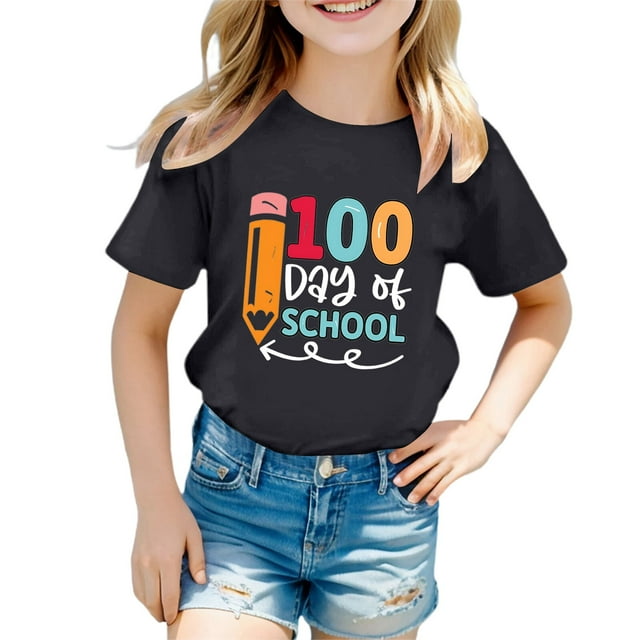 LUOGENLI T-Shirt pour Filles et Garçons, Col Rond, Manches Courtes, Été, Décontracté, Grande Taille, Noir 10-11 Ans