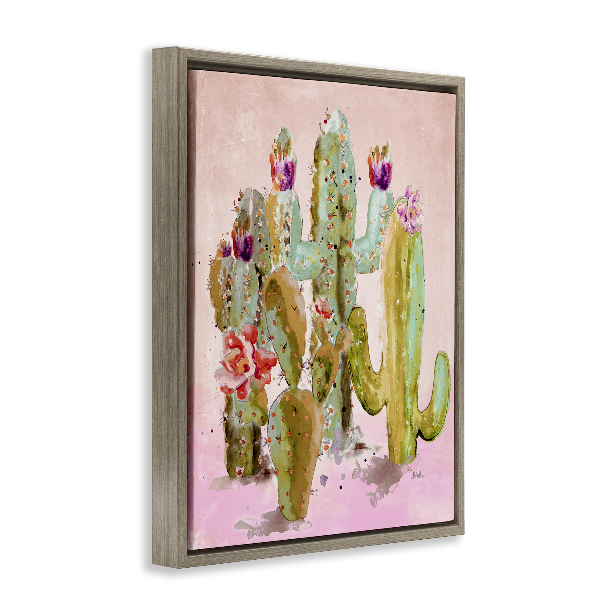 Stupell Industries Fun Floral Cacti Botanical & Floral Painting Brown Floater Framed Canvas Art Print Wall Art, 17 x 21