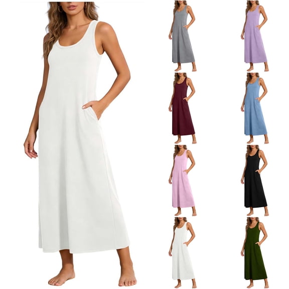 DYTTDG Solid Sleeveless Pocket Midi Dress | Scoop Neck Loose Fit Women's Casual Everyday Ankle-Length Tank Sundress, Comfortable & Flowy for Summer, Beach, Travel & Daily Wear