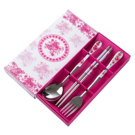 

NUOLUX 3PCS Stainless Steel Chopsticks Fork Cutlery Set Outdoor Portable Server Set of Chopstick Spoon Fork (Pink Rose)