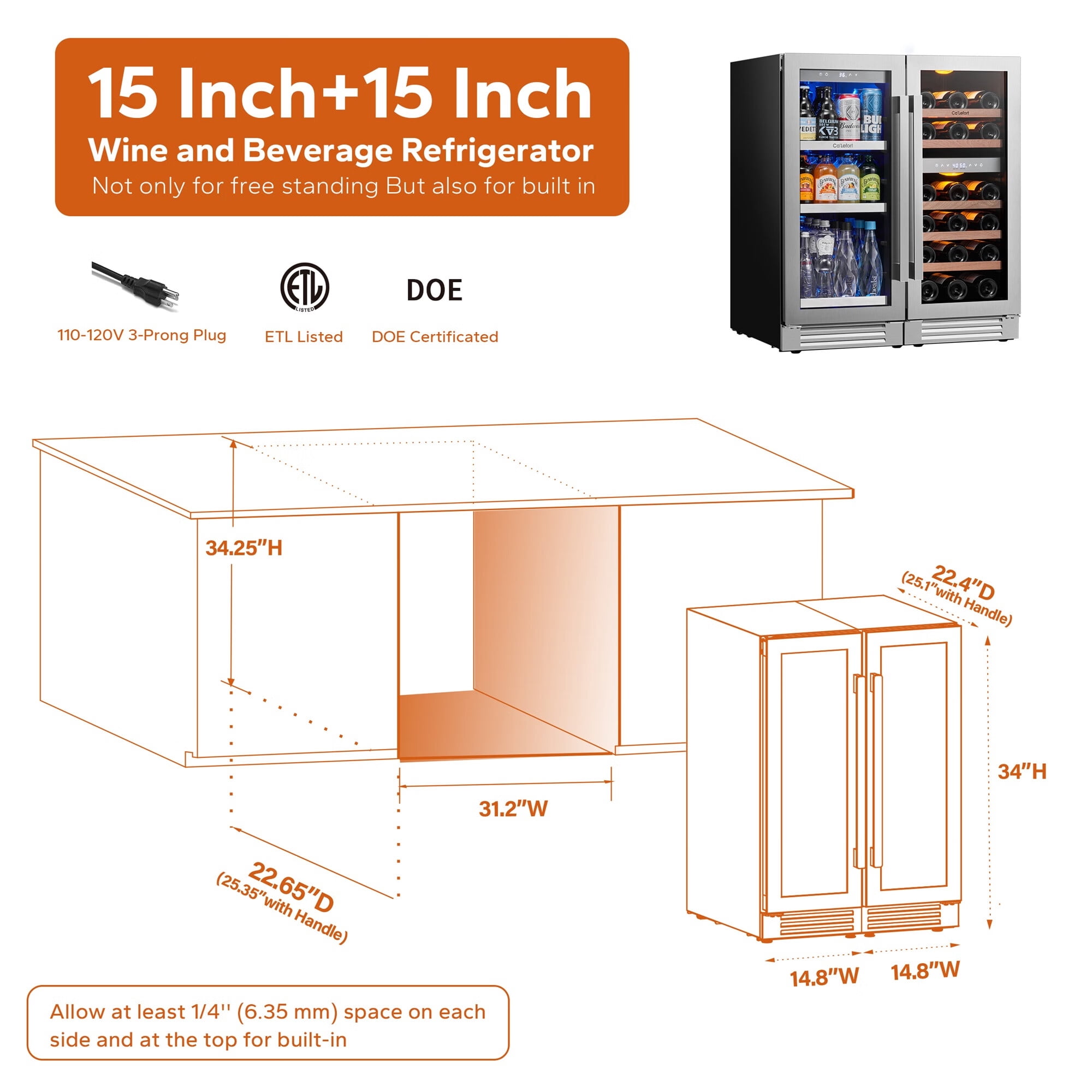 Ca'Lefort 30 Inch Wine Cooler Beverage Refrigerator, Hold 100 Cans and 28 Bottles Dual Zone Wine Fridge Freestanding & Built-in with Stainless Steel Frame for Kitchen Office