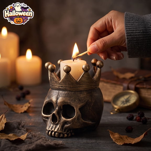 Qocolcyl Crown Skull Resin Candle Holder,Vintage Gothic Skull Candlestick, Indoor Outdoor Halloween Decorations, Spooky Tabletop Candle Stand for Mantel Desk Halloween Party Housewarming Holiday Gift