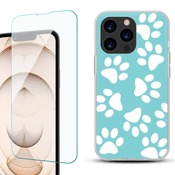 Slim-Fit Anti-Scratch Gel TPU Phone Case for iPhone 13 Pro, with Tempered Glass Screen Protector, by OneToughShield ® - Pet Paw / Teal
