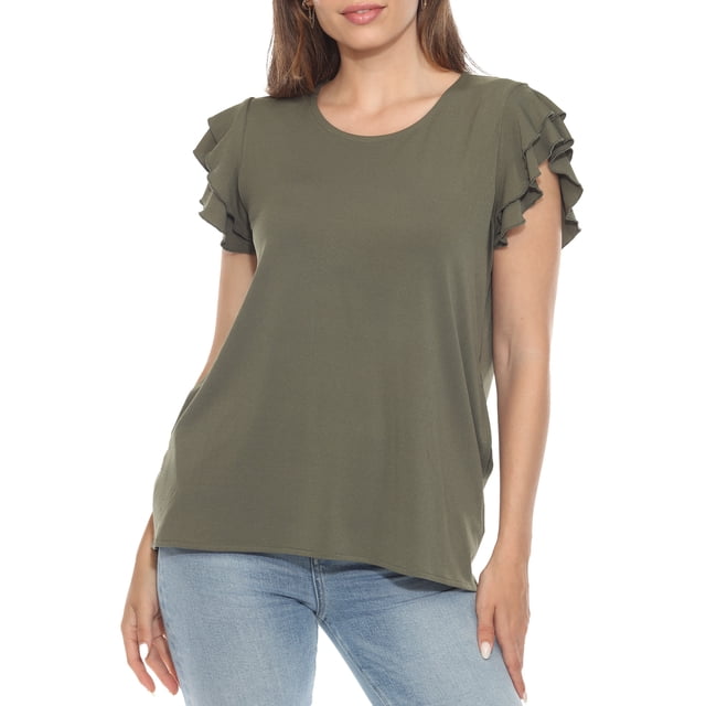 White Mark Ruffle Sleeve Solid Top (Women's)