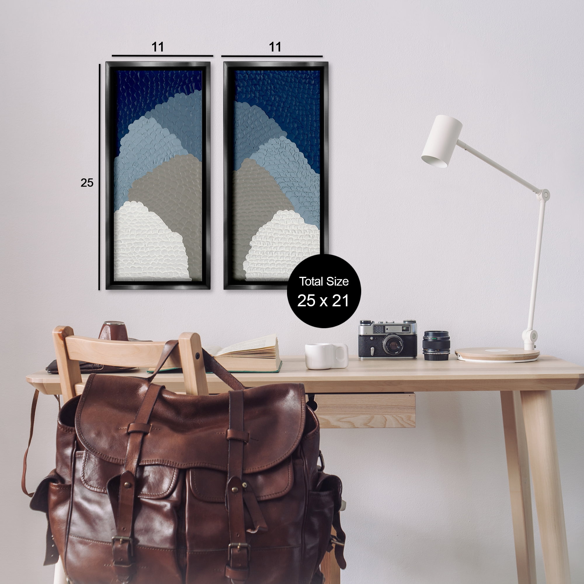 Stupell Industries Textured Blue Abstract Mountains Abstract Painting Black Floater Framed Canvas Art Print Wall Art, 11 x 25, Set of 2