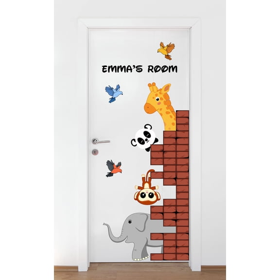 Personalized Name Animal Wall Decal Cute and Happy Safari Animals Bedroom Wall Decal for Children Elephant Cute Themed Room Decal - Size: 36 In x 80 In
