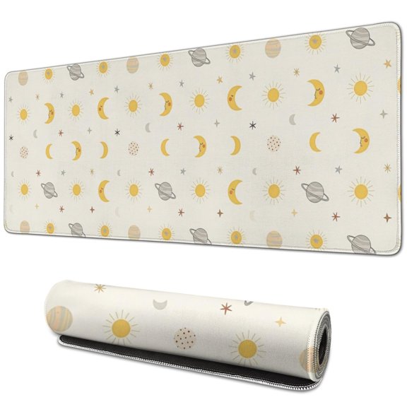 Long Mouse Pads for Desk,Beige Sun Moon Planet Star Pattern Desk Mats on Top Of Desks, Desk Mouse Pad Extra Large with 3mm Non-Slip Base and Stitched Edge for Gaming,Office,Work,Home 31.5"x11.8"