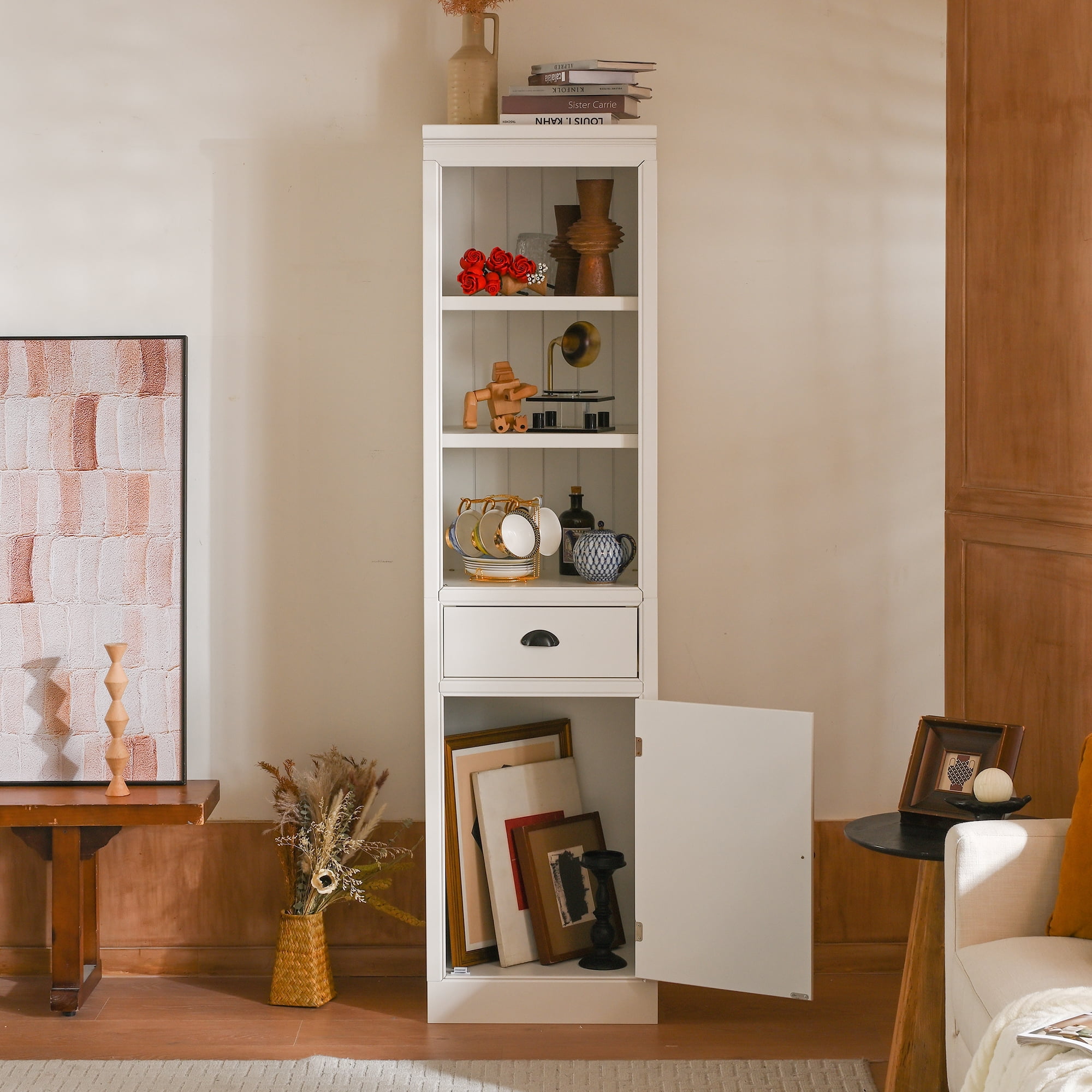 Bookcase with Cabinet, Storage Bookcase&nbsp;Vintage Bookshelf with 1 Drawer, 2 Fixed Shelves, for Living Room, White MDF, 75 Inch H, Narrow