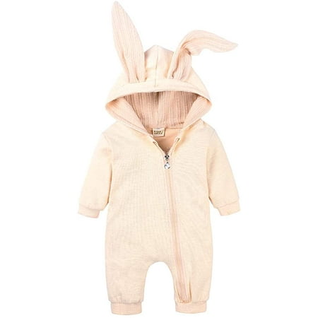 

QWZNDZGR Baby Rabbit Ear Hoody Zipper Romper Toddler Bunny Hooded Bodysuit Infant Easter Zip Up Jumpsuit Halloween Playsuit