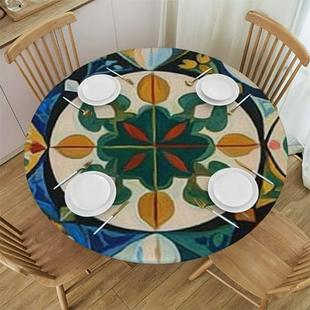 

Ollo0ord Elegant Circular Tablecloth Home Decoration Ceramic Tiles with Mathematical Geometrical Circular Tablecloth Polyester Circular Wrinkle Free Tablecloth 46 -50