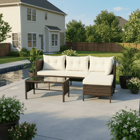 Segmart 3-Piece Outdoor Patio Furniture Set, Wicker PE Rattan Conversation Loveseat Sofa Set with Glass Coffee Table&Cushions, Sectional Couch for Porch Poolside Backyard, Beige