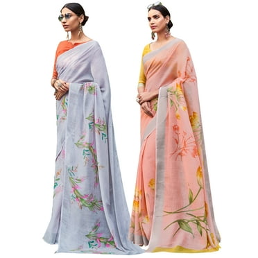 Pack of Two Saree for Women Printed Cotton Silk Indian Wedding Sari | Diwali Gift Ethnic Sarees Combo