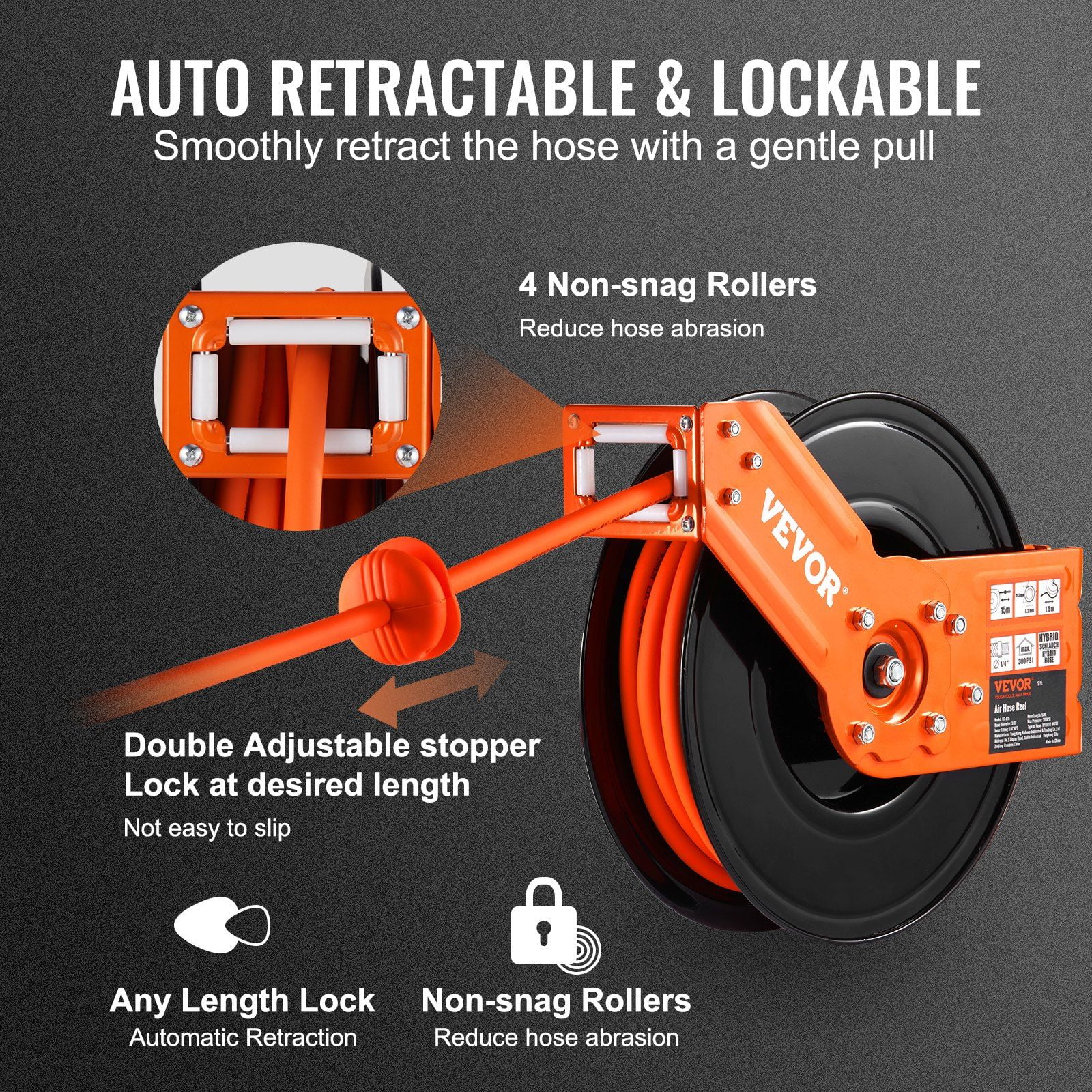 50FT Retractable Air Hose Reel - 3/8" Hybrid Hose (300PSI) w/ Auto Rewind - Heavy Duty Steel for Wall/Ceiling Mount - Industrial & Garage Use