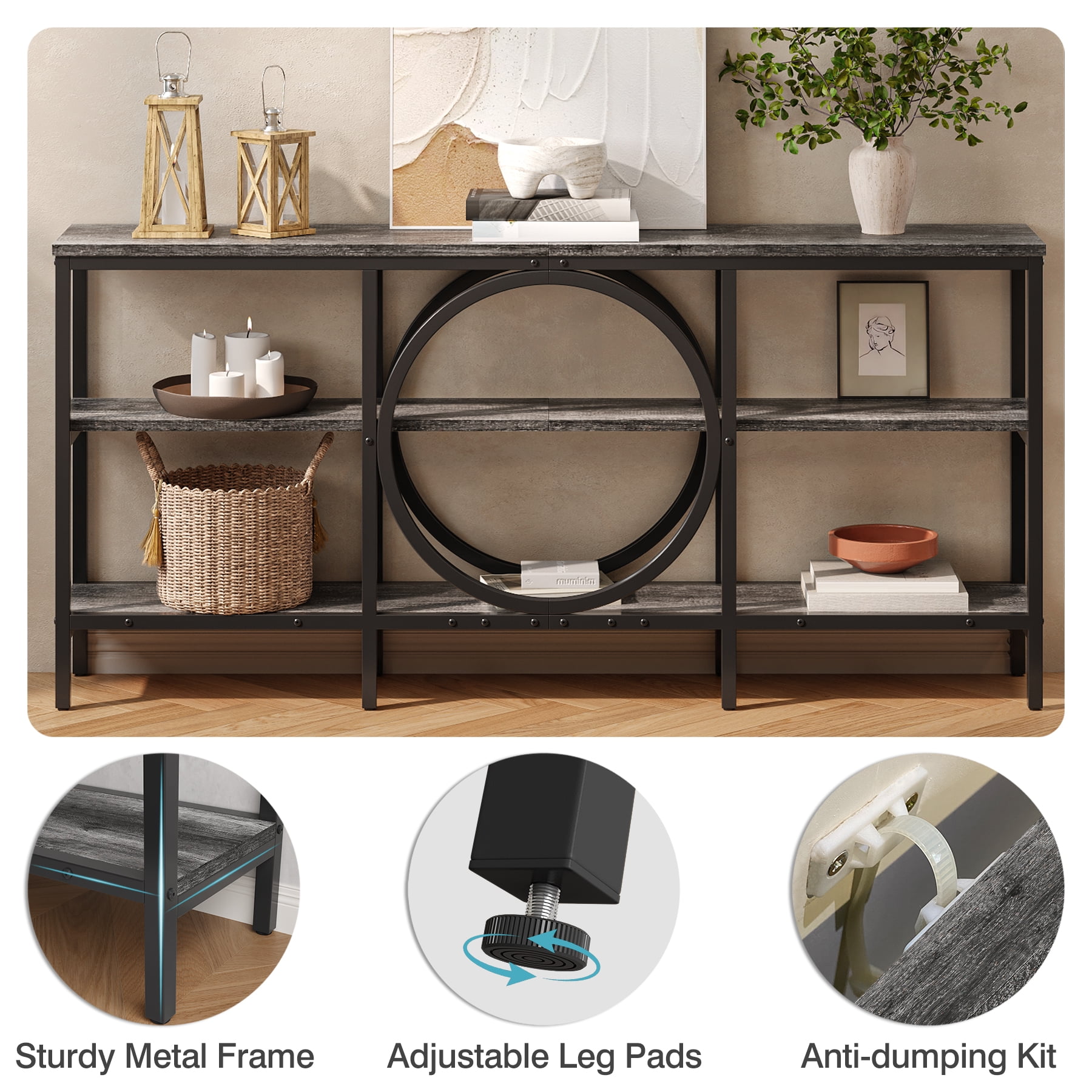 Tarnorci 66.9 Inch Extra Long Sofa Table, Narrow Long Sofa Console Tables Behind Couch Table with Open Storage Shelf, Gray+Black