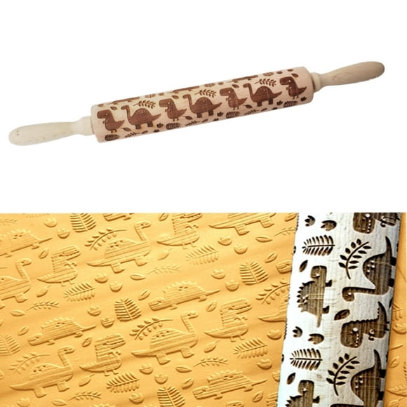Wooden Rolling Pins with Dinosaur Pattern, Engraved Embossing 3D Wooden Rolling Pin for Baking Embossed Cookies, Rolling Pin Kitchen Tools