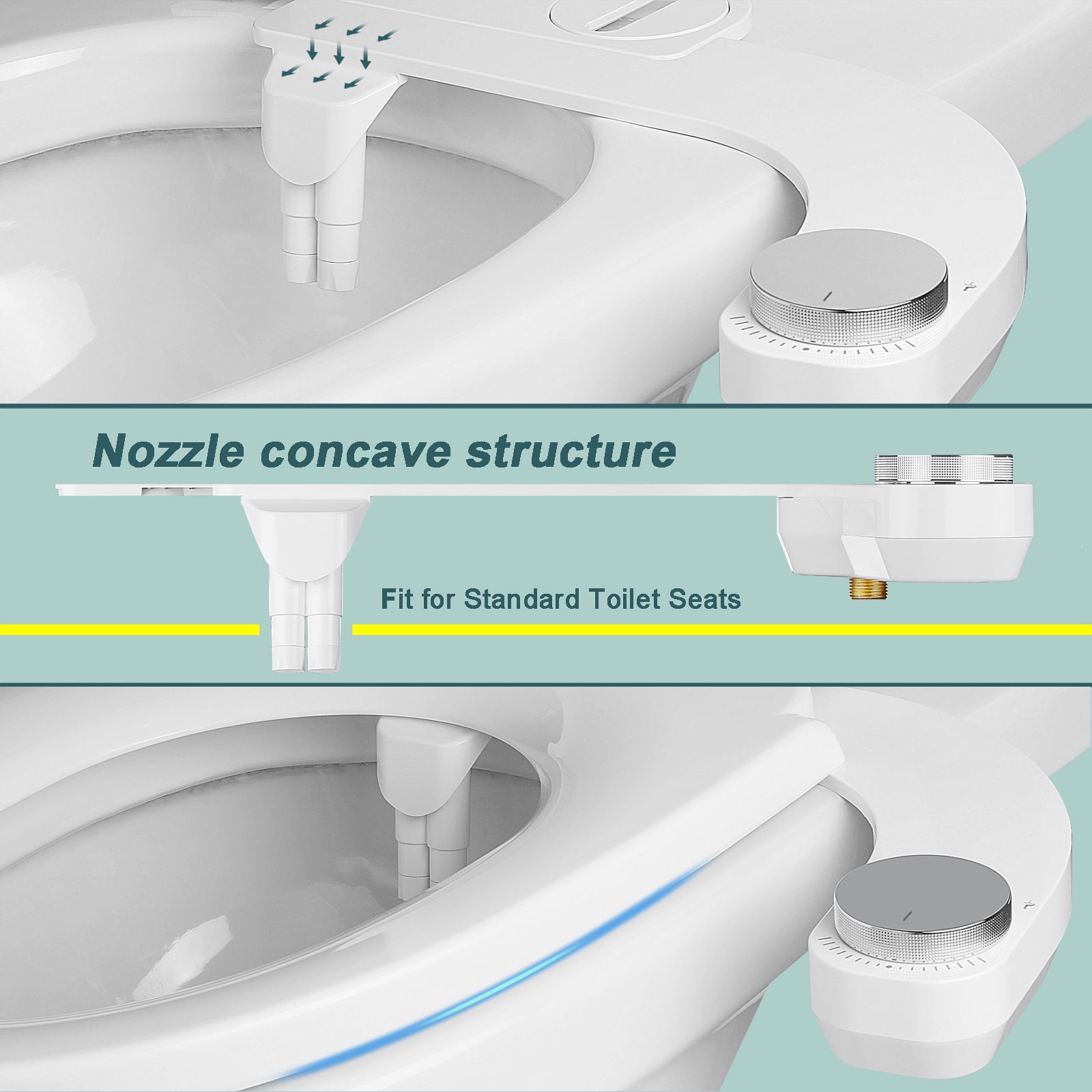 Bidet Attachment for Toilet - Left Handed Bidet Ultra-Slimt Non-Electric Dual Nozzle (Frontal & Rear Wash) Adjustable Water Pressure, Water Bidet Toilet Seat Attachment,Easy to Install (Silver)
