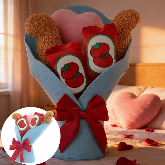 Valentine's Day Bouquet Plush Toys, 11.81" Medium Dino Nuggets with Ketchup Design Stuffed Animals Flower Toy, Anniversary Valentine's Day Gifts & Home Decors to Lover Girlfriend