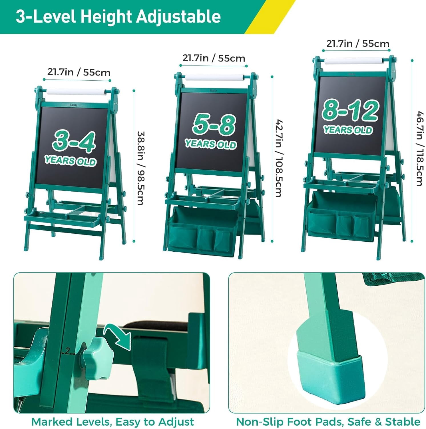 FUNLIO Adjustable Wood Standing Art Easel for Children，Foldable & Anti-Warping