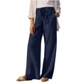 thumbnail image 3 of Women's Cotton Linen Wide Leg Pants with Side Slits Pockets Drawstring Waist Loose Beach Summer Travel Trouser (S, Navy), 3 of 8