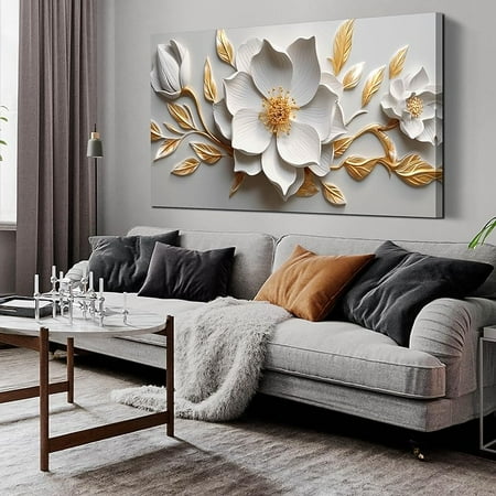 Large Wall Art for Living Room Bedroom Home Office Gold Flower Pictures Wall Art Modern Floral Artwork Framed Wall Decor Canvas Prints 20x40 In