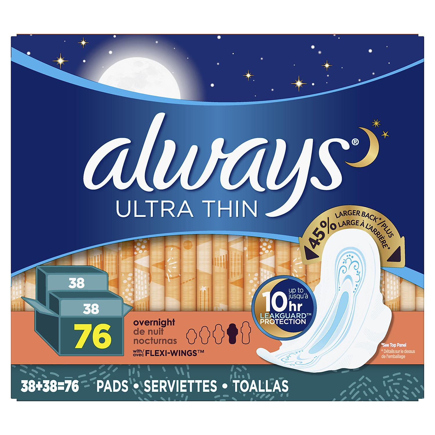 The Always Ultra Thin Overnight Pads with Wings (76 ct.)