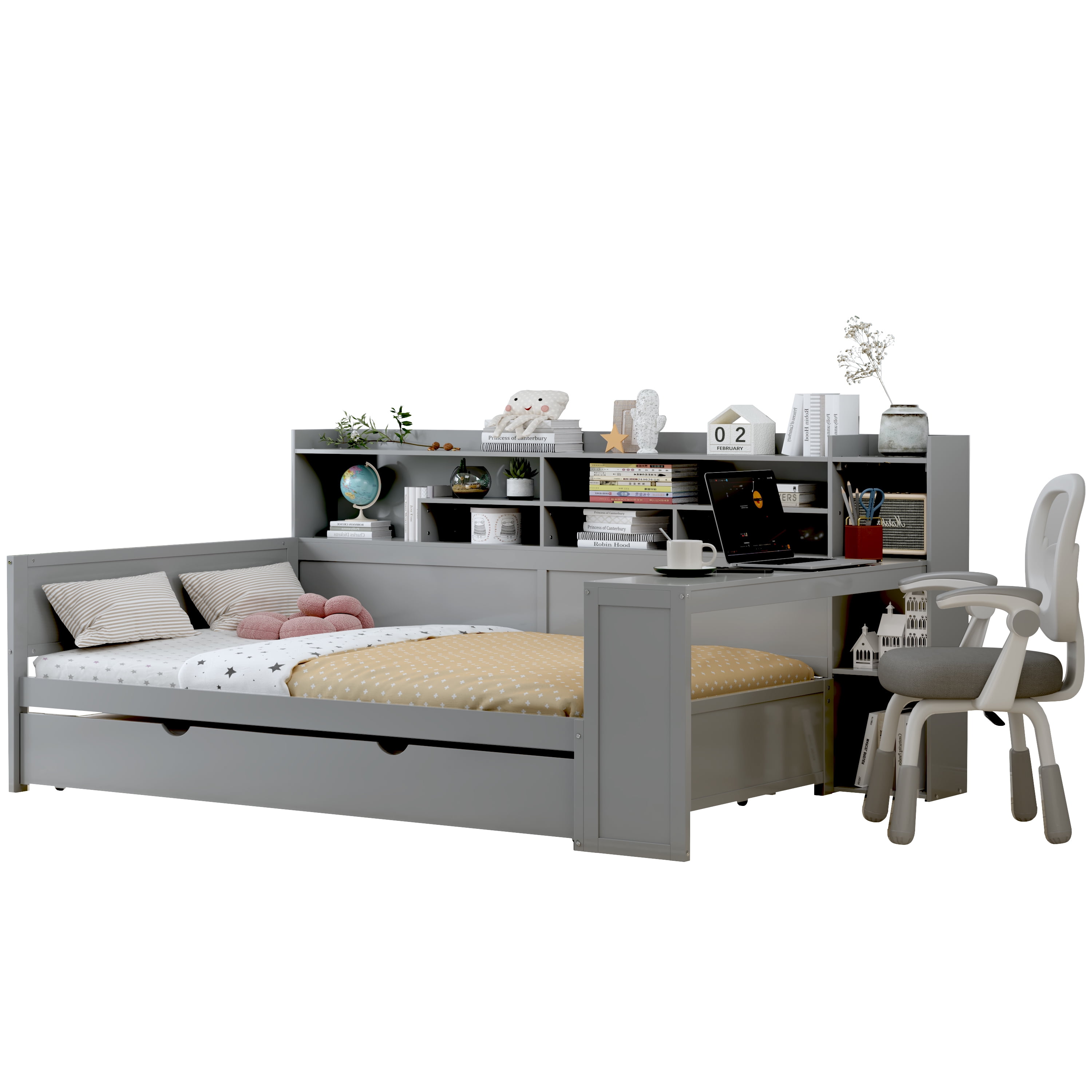 Euroco Wood Full Size Daybed with Storage Shelves and Desk, Twin Size Trundle Bed, Gray