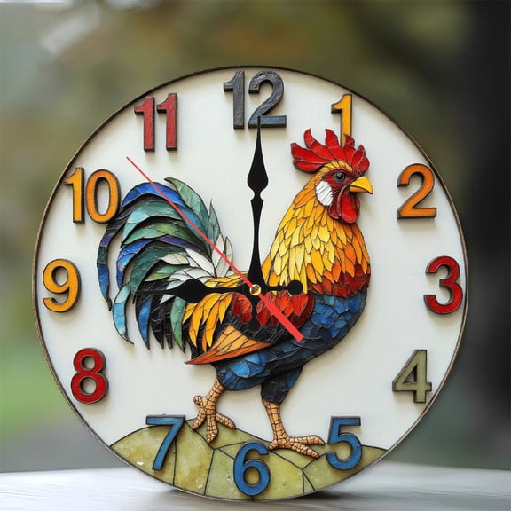 Colorful Rooster Wall Clock Decorative Home Art_1 10-Inch Silent Wooden Wall Clock, Battery Operated (AA Batteries Not Included), Artistic Home Decor