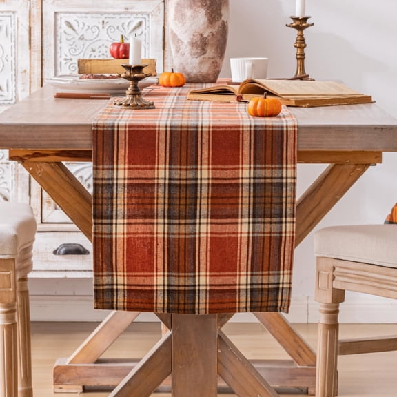 13 x 48 Inch Rust Orange Plaid Fall Thanksgiving Table Runner, Seasonal Decorative Table Runner for Dining Table, Home Holiday Party Decoration