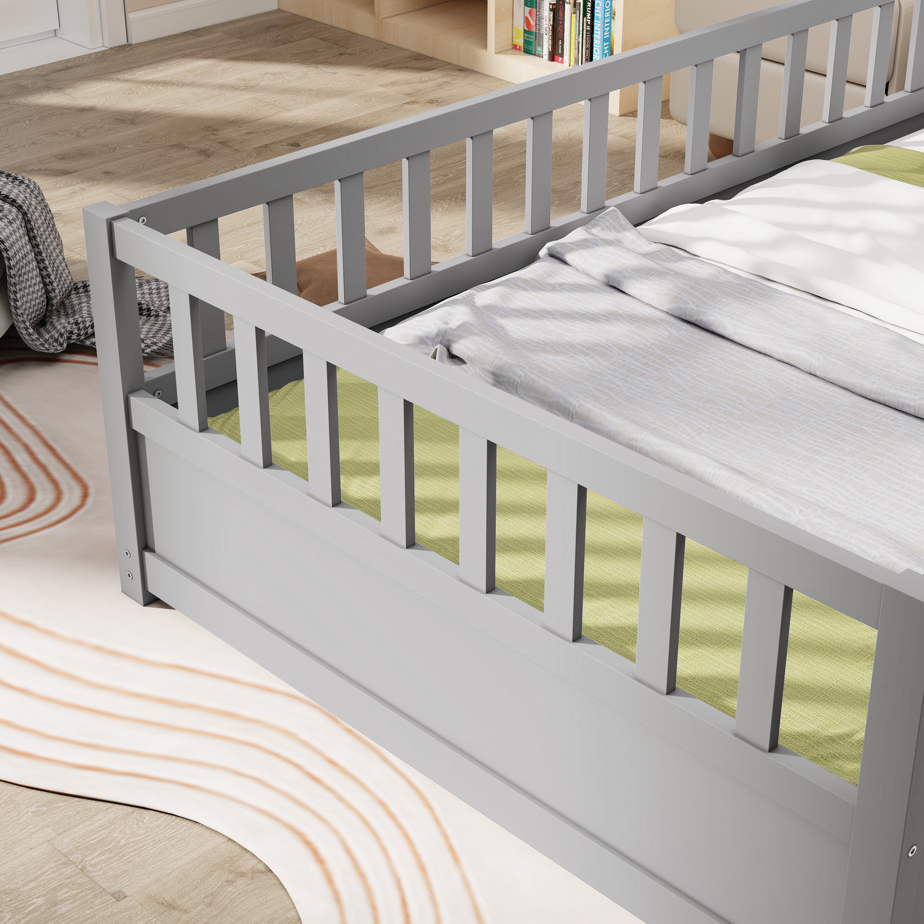 Floor Bed, Low-Profile Bed Frame, Twin Size Bed with High Safety Barrier, Door and Support Slats for Stability, Solid Pine Wood Construction, Grey