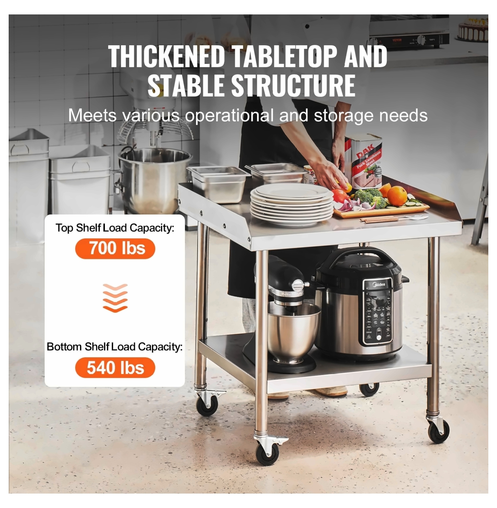 Stainless Steel Work Table 24x28x30 Inch - Commercial Kitchen Prep Table with Wheels & Backsplash
