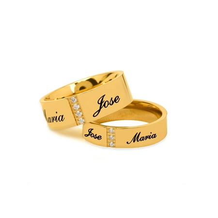 Personalized Stainless Steel Couples Gold Tone Spinner Ring with Cubic Zirconia for