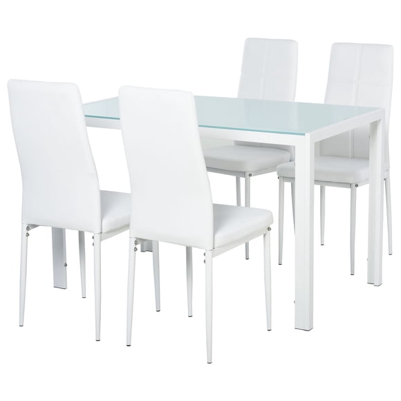 White 5-Piece Rectangular Glass Dining Table Set with Metal Frame & Faux Leather Chairs for Kitchen or Dining Room - 47.2" x 27.6"