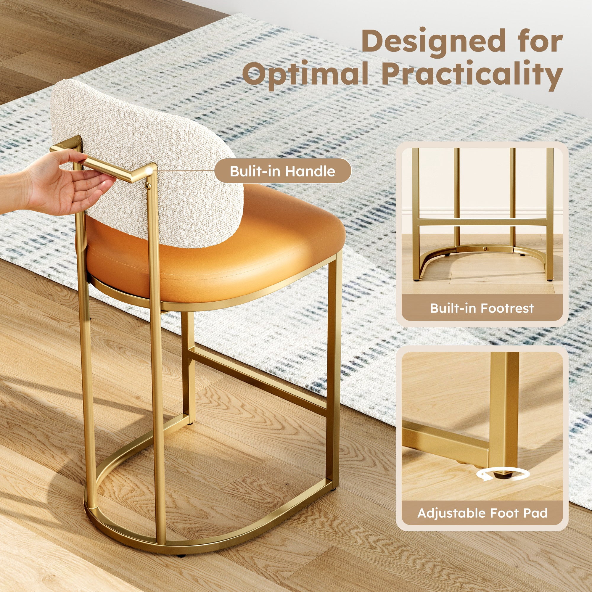 MF Studio Counter Height Bar Stool with Back, 24.8" Modern PU Upholstered Bar Chair with Large Chenille Back and Metal Frame, Bronze