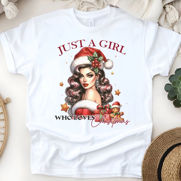 Just A Girl Graphic T-Shirt | Cute Holiday Girl Illustration Tee for Women, White, Size S