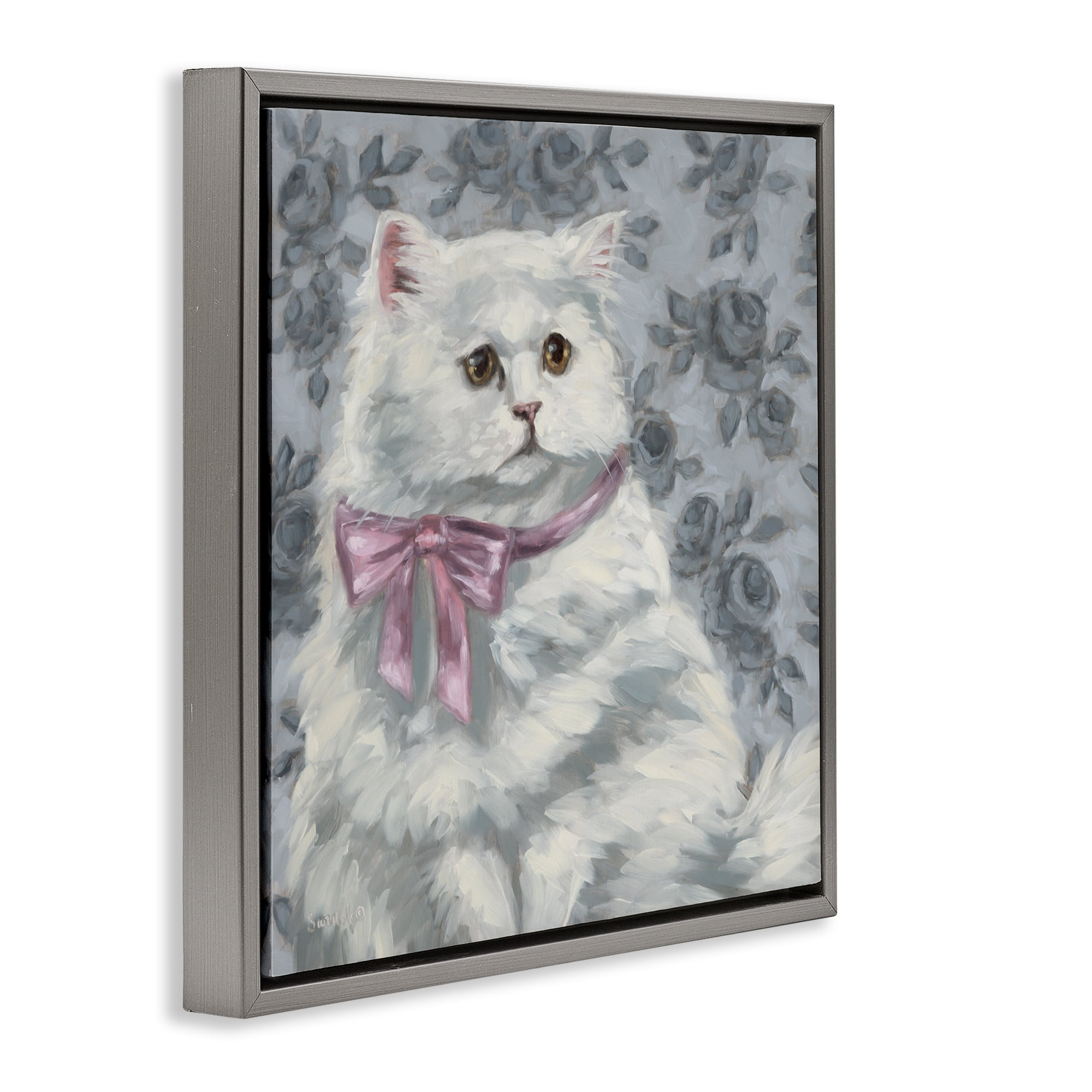 Stupell Industries Coquette Kitty Portrait Gray Framed Floater Canvas Wall Art, design by Sara G. Designs