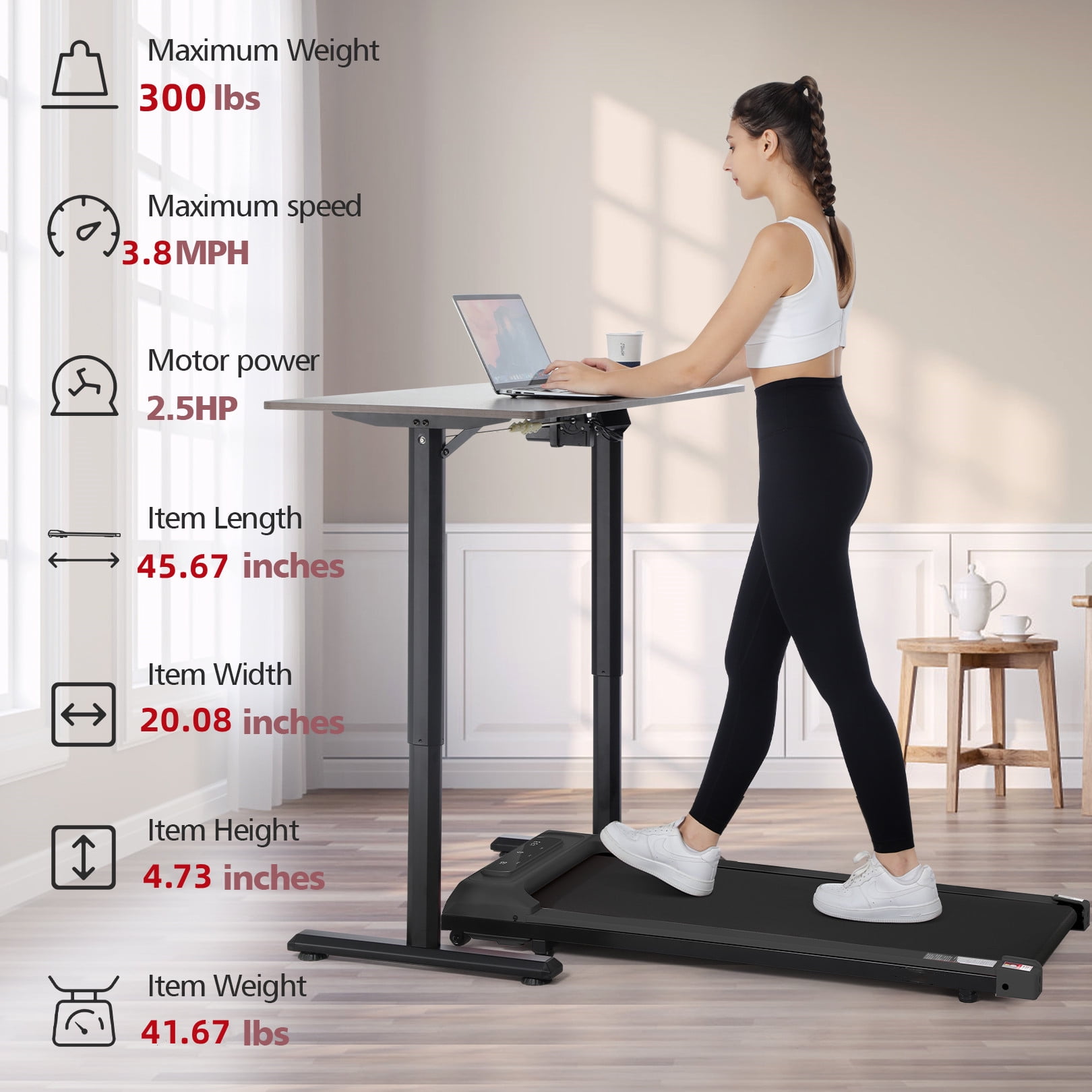 Tikmboex 2.5HP Walking Pad Treadmill with Smart App Remote Control and LED Display, Electric Jogging Running Machine for Home Office Use, Black