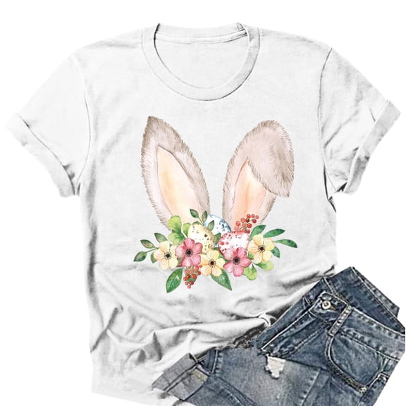 WNEGSTG Easter T Shirts for Women, Short Sleeve Crewneck Bunny Print Graphic Tee, Floral Round Neck Top, White XXL