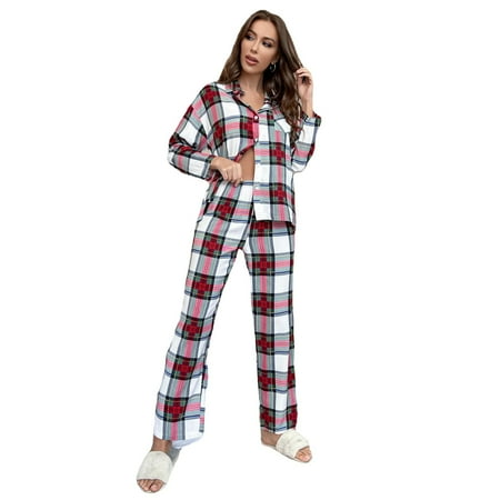 

BESTSPR Pajamas for Womenred Plaid Long-Sleeved Button Down Shirts And Pants Pajamas Set Nightwear Loungewear S-XL