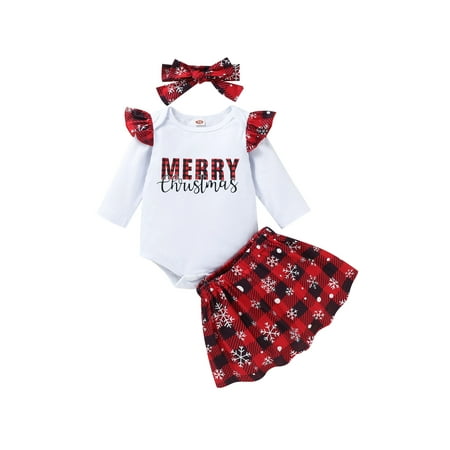 

Meihuida Baby Christmas Outfit Letter Print Romper + Plaid Skirt + Headband