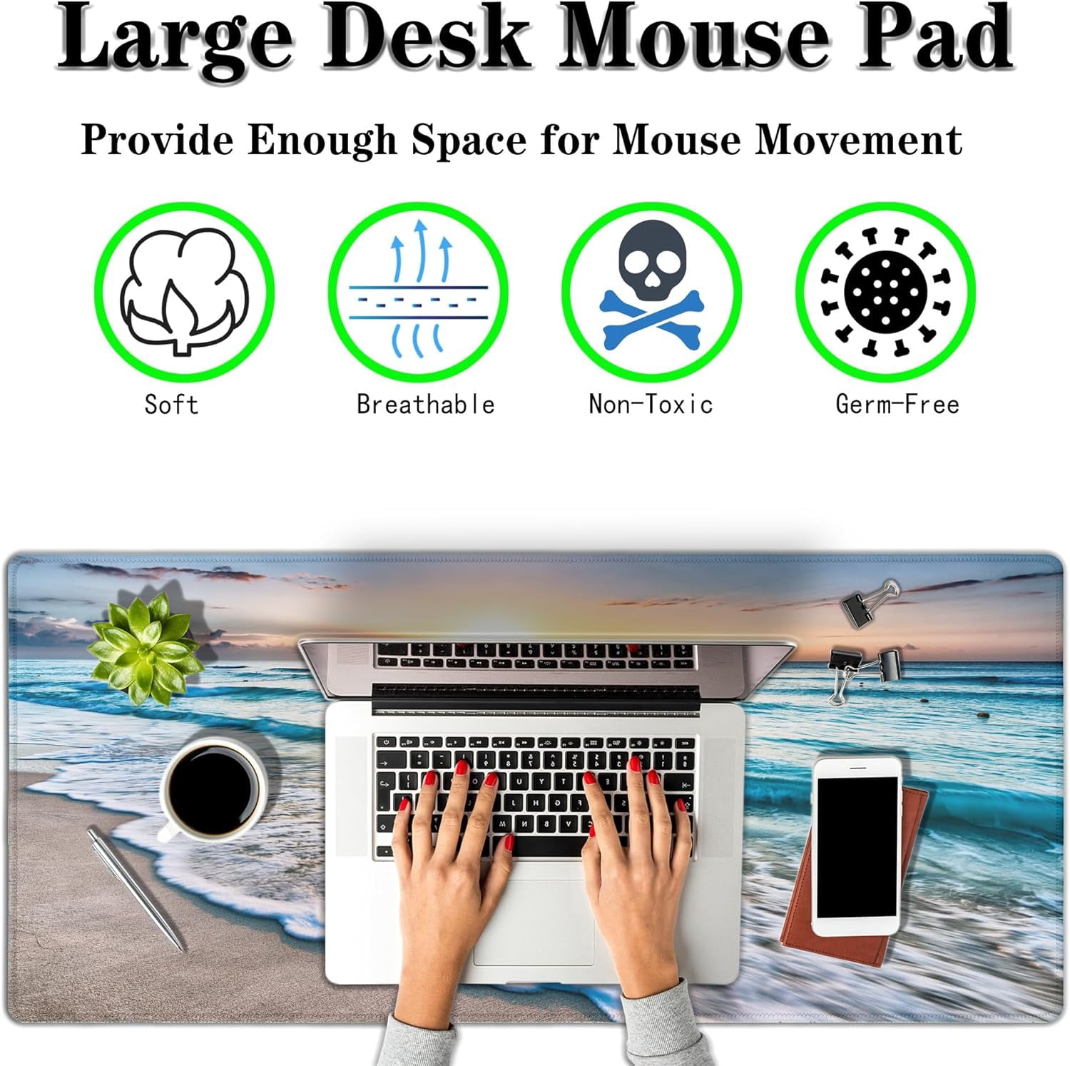 Keyboard Mats Desk Accessories Kit Gaming Mousepad Big Mouse Pads Pc Desk Mat Full Desk Mat Waterproof Non-Slip Rubber Base 35.4" X 15.7" for Game Office, Beach Sunset Ocean Waves