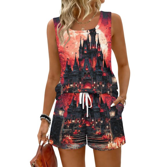 Women's Pajama Sets Halloween Print Sleeveless 2 Piece Set Tank Top and Shorts for Parties and Everyday Casual Outfits 01 L