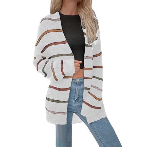 Women's Knitted Cardigan with Striped Pattern and Long Sleeves - Medium to Long Length Hooded Sweater for Casual Style, Comfortable and Trendy