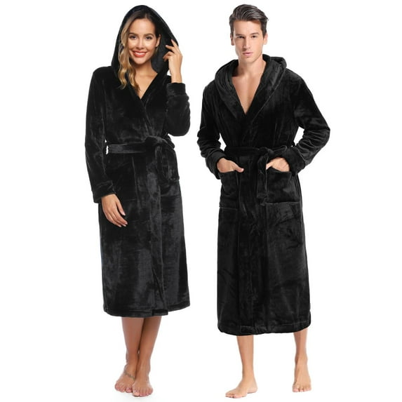 Purcoar Robes for Couples Long Hooded Robe Fleece Bathrobe with Pockets