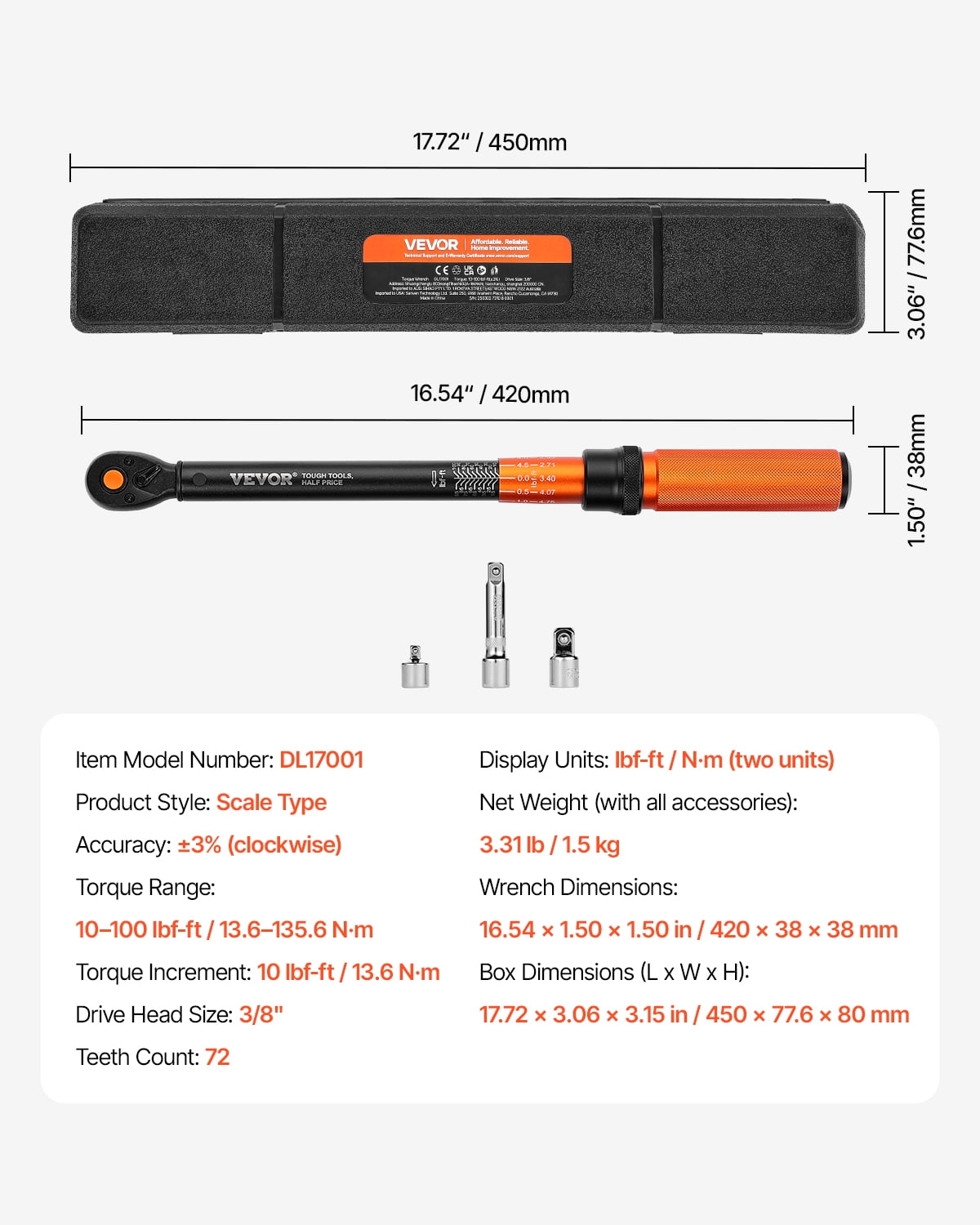 VEVOR Click Torque Wrench, 3/8 Inch Drive, 10-100 lbf-ft / 13.6-135.6 N.m, Dual-direction Torque Wrench with Dual Range Scales,72-tooth,±3% High Precision,with Carrying Case,for Automobile Repair