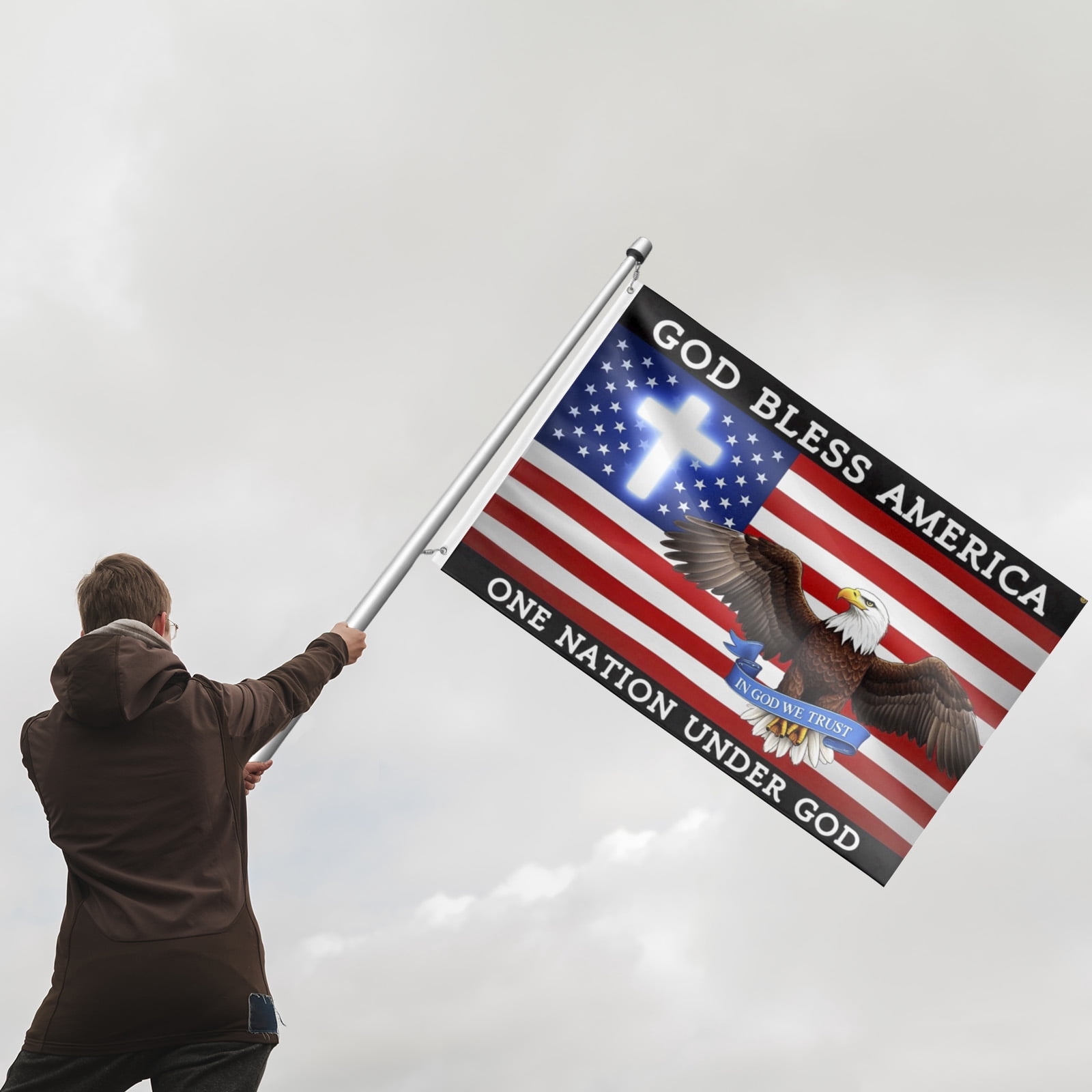3 Ply One Nation Under God Flag 4th of July Memorial Day Patriotic American Eagle Flag God Bless America Christian Jesus Flags for Outside 3x5 Ft Outdoor House Yard Decorations Banner