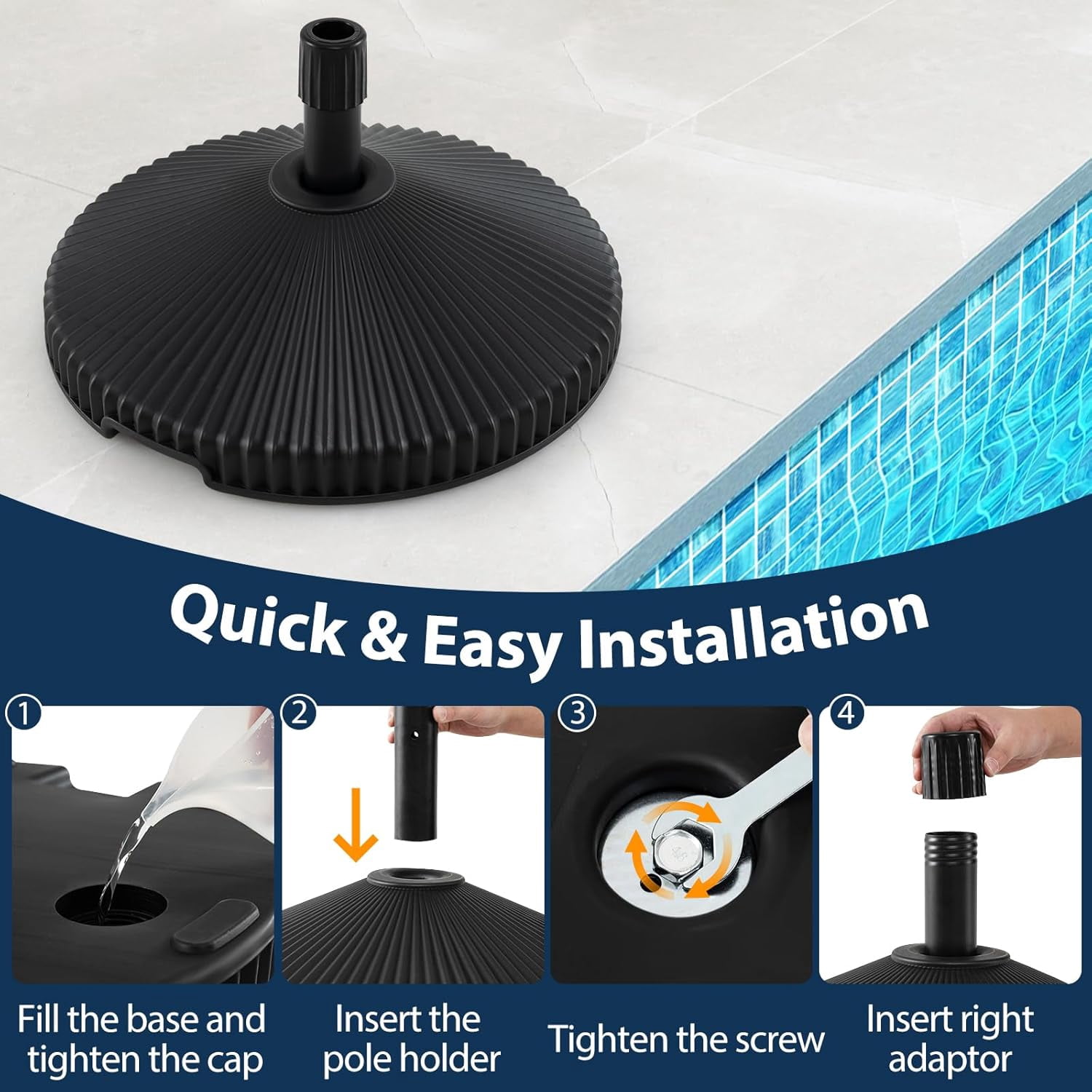 JFTER Round Umbrella Base, 55 lbs Water & Sand Filled Shell Shaped Patio Umbrella Weoghts, 3 Coupler Sizes for 6FT/ 7.5FT/10FT Market Umbrella Stand