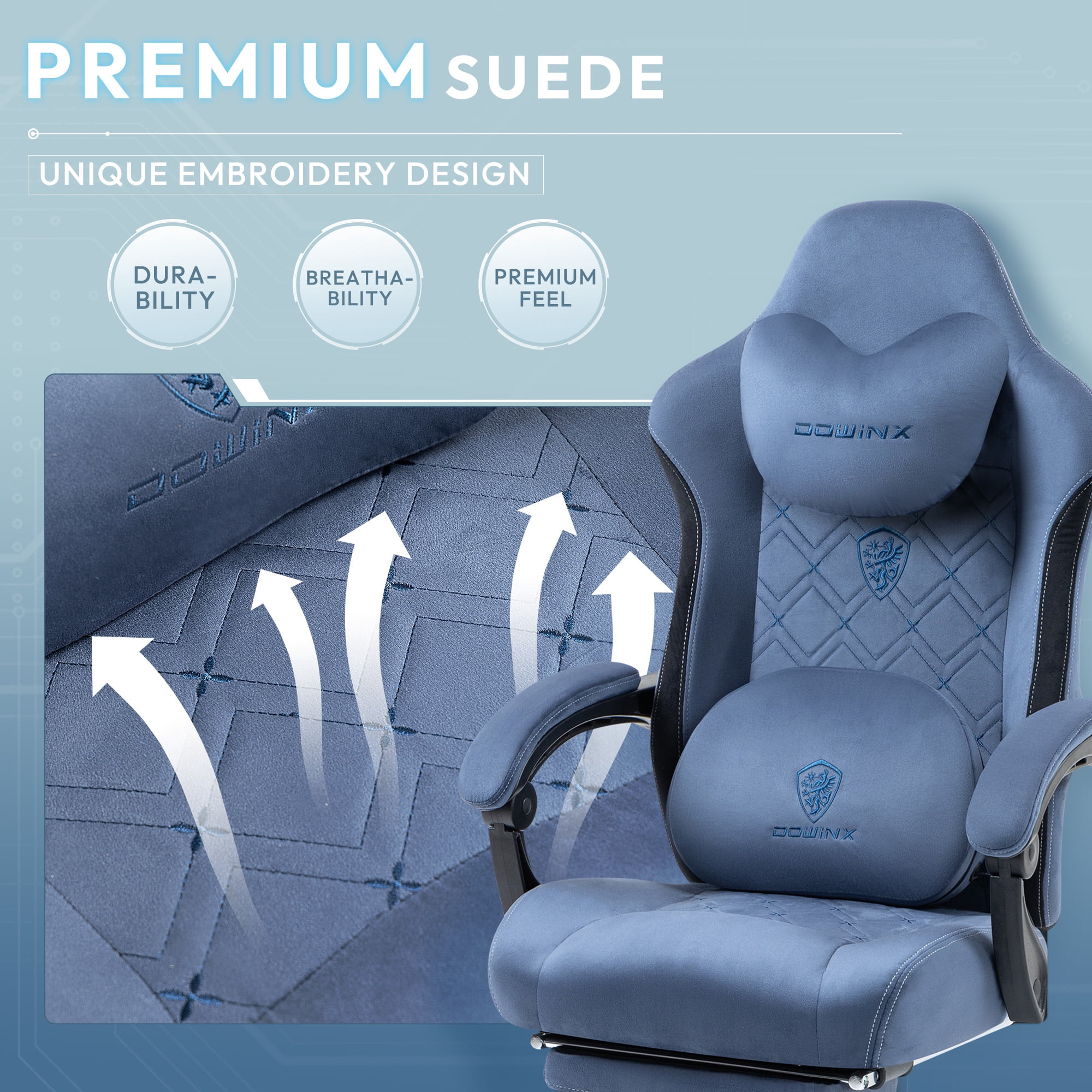 GOOSEA Fabric Gaming Chair with Heated Massage Lumbar Support, Big and Tall Game Chair for Adults, High Back PC Chair with Pocket Spring Cushion and Footrest, Blue