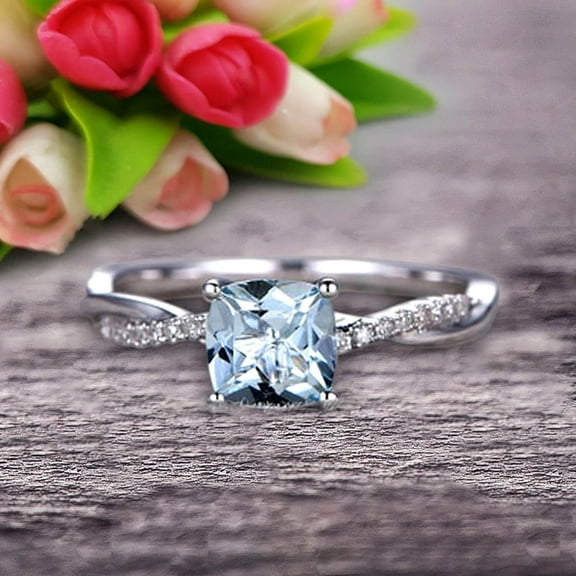 10k White Gold Aquamarine Engagement Ring With 1.8 Carat 7mm Cushion Cut Vintage Looking Aquamarine